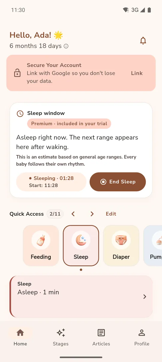 Home screen: the sleep window card while the sleep timer runs, and the Quick Access modules