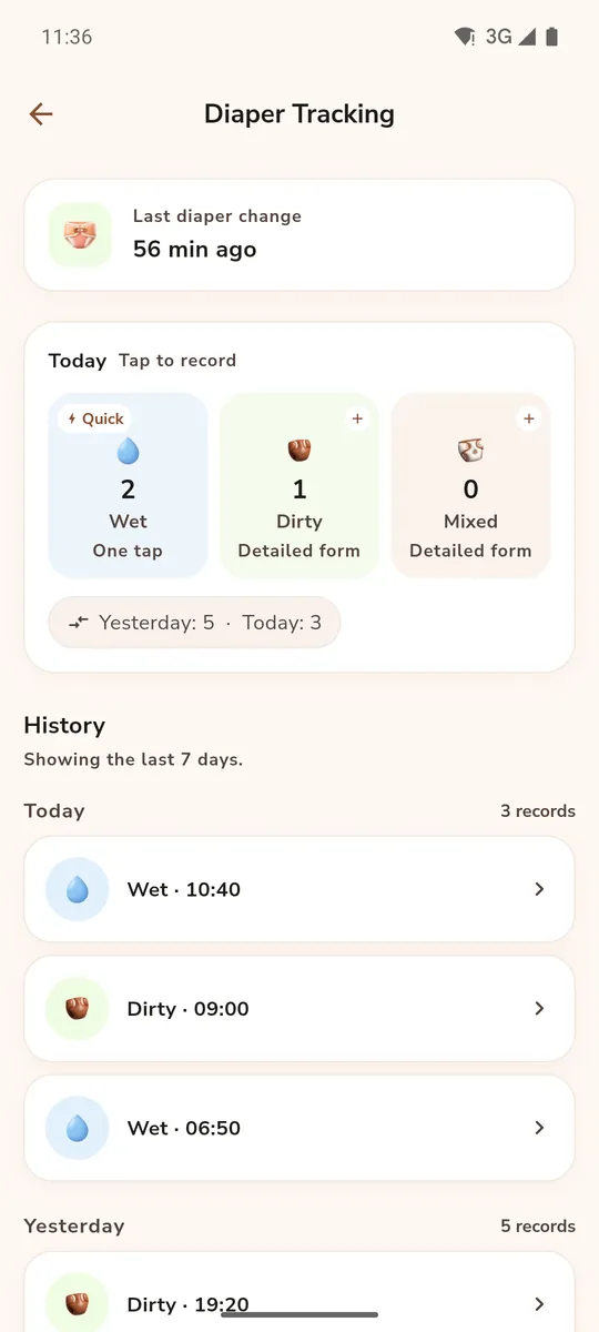 Diaper Tracking: the last diaper change and today's records