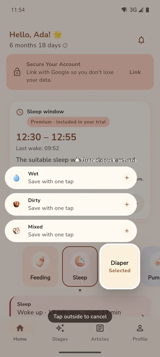 Pressing and holding the Diaper module on the home screen opens Wet, Dirty and Mixed
