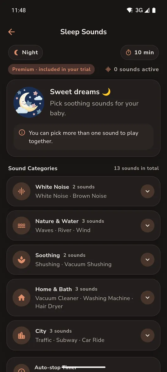 Sleep Sounds in the night look: 13 sounds in five categories