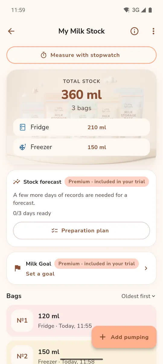 My Milk Stock: total stock, fridge and freezer, the bags
