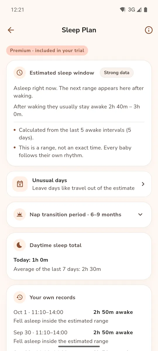 Sleep Plan: the estimated sleep window, unusual days and the nap transition period
