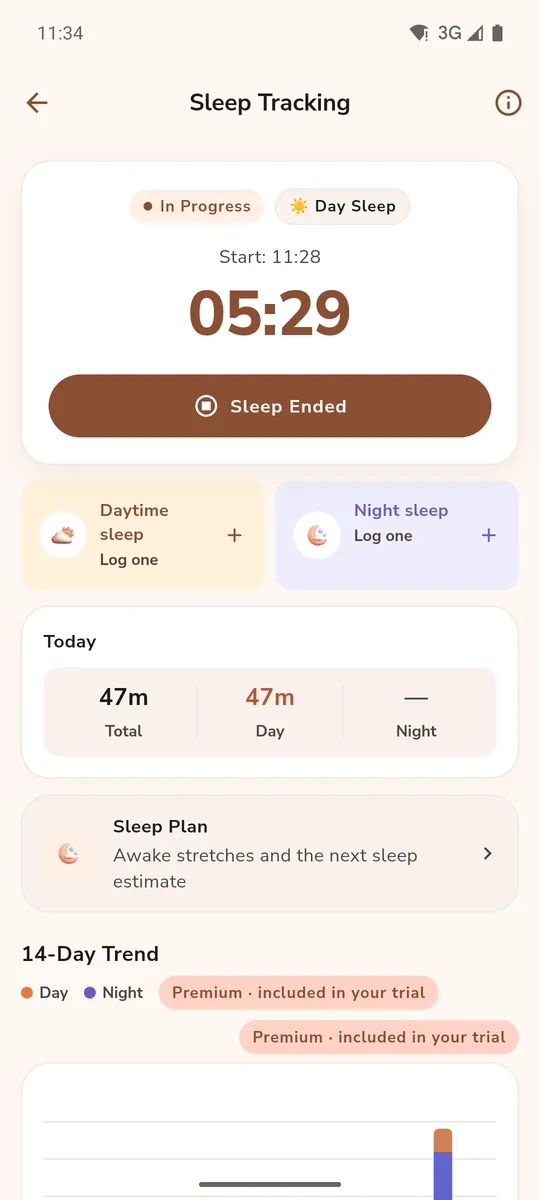 Sleep Tracking: the sleep timer and today's totals