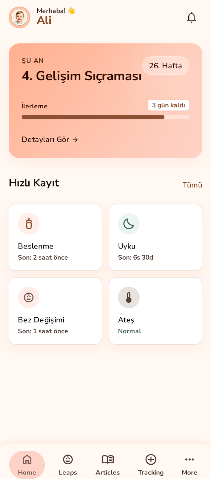 Mira Baby ana ekranı — gelişim sıçraması kartı ve hızlı kayıt